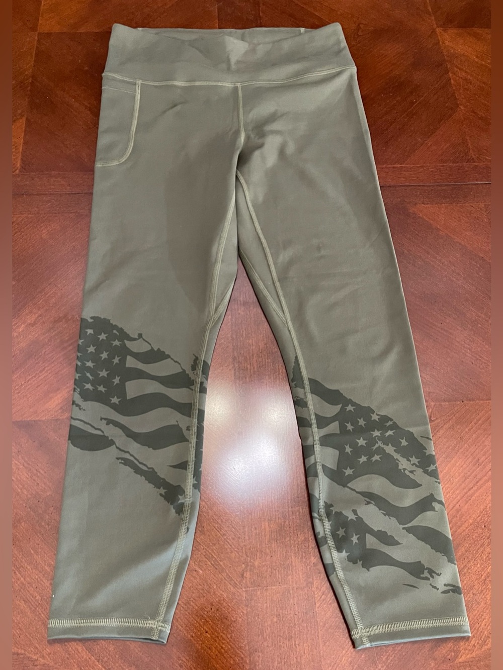 Under Armour Olive Leggings with Subtle American Flag Accent